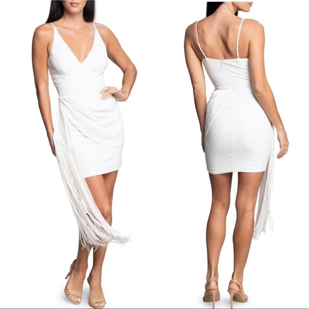 Dress the Population Alida Asymmetrical Fringe Spaghetti Strap Mini Dress White